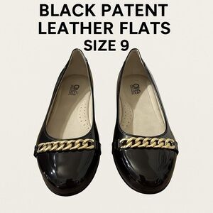 Cliffs Black Patent Leather Flats with Gold Chain Accent – Size 9